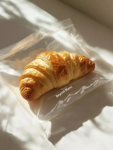 Minimalist Croissant in Bag — Midjourney v6 AI Prompt: A photograph of an open plastic bag with "Beyond Blanc " written on it, containi...