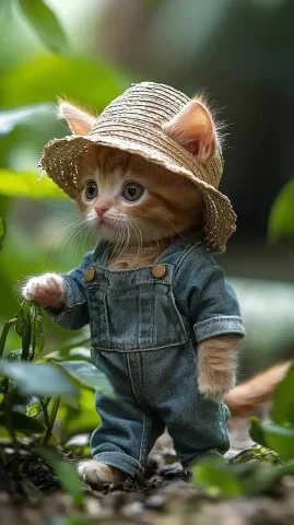 Curious Kitten in Overalls — Midjourney v6 AI Prompt: Meow, the tiny, palm-sized orange kitten with fluffy, soft fur and a bushy tail....