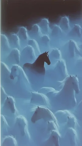 Overhead View of Horses — Midjourney v6 AI Prompt: A massive herd of white horses, with one black horse standing out in the center....