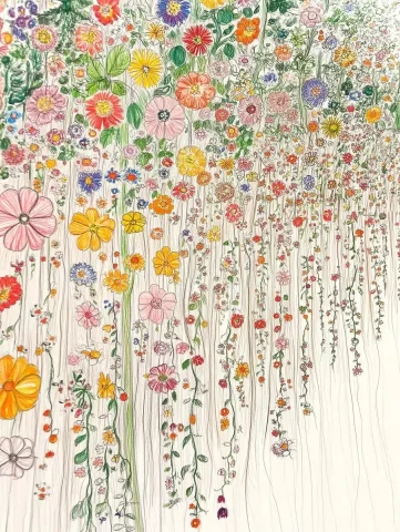Colorful Flowers in Garden — Midjourney v6 AI Prompt: A captivating drawing of flowers growing in a big flower garden, lots and lots o...