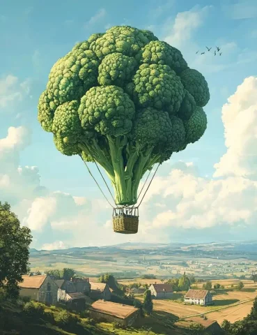 Broccoli Balloon Over Countryside — Midjourney v6 AI Prompt: A hot air balloon made of broccoli, flying over the French countryside. Art hand...