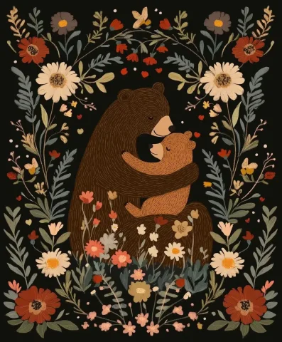 Whimsical Bears with Florals — Midjourney v6 AI Prompt: A whimsical, cottagecore-inspired illustration featuring a mother bear gently hu...