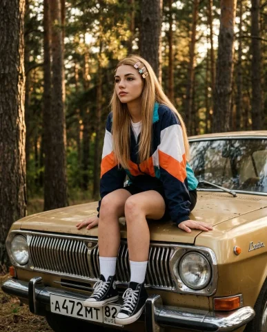 Cinematic Retro Reflection in the Pine Forest — Nano Banana 2 AI Prompt: Use the uploaded photo as an accurate face reference and keep the woman's appear...