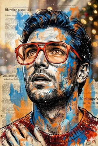 A Glimpse of Wonder — Nano Banana 2 AI Prompt: Vibrant expressive portrait of a man looking upwards with wonder, wearing oversi...