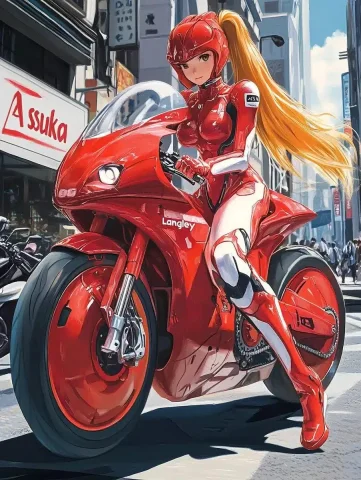 Anime Asuka on Motorcycle — Midjourney v6 AI Prompt: 2️⃣ Neon Genesis Evangelion "Asuka Langley" on the EVA-02 motorcycle, detailed a...