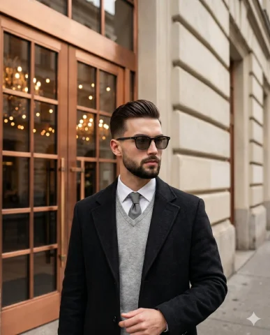 Urban Elegance: A Modern Sartorial Statement — Nano Banana 2 AI Prompt: A young adult male stands confidently in a polished, affluent urban street scene...