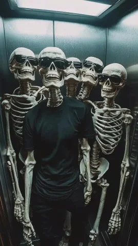 Surreal Skeleton Crew Elevator — Midjourney v6 AI Prompt: A group of five skeletons packed tightly in a small, dimly lit elevator, capture...