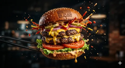 Mouthwatering Cheeseburger in Action — Nano Banana 2 AI Prompt: Ultra-realistic juicy cheeseburger with double beef patties, melted cheese dripp...