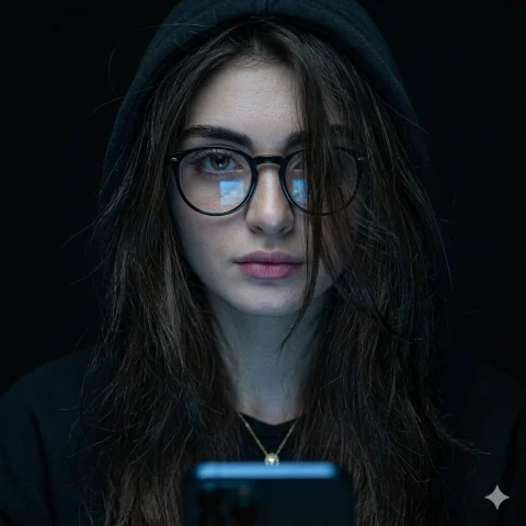 Moody Portrait in Cool Smartphone Glow — Nano Banana 2 AI Prompt: { "image_generation_prompt": { "style": "ultra-realistic, cinematic,...