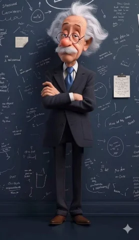 Cartoon Einstein in a Chalkboard Lab — Nano Banana 2 AI Prompt: A vertical, full-length 3D rendered illustration of a stylized, cartoonish Alber...