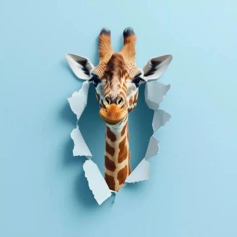 Giraffe Emerging from Paper — Midjourney v6 AI Prompt: realistic depiction of a giraffe emerging from a ripped paper on a plain blue ba...