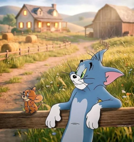 A Peaceful Standoff: Tom and Jerry on the Fence — Nano Banana 2 AI Prompt: A vertical photograph featuring cartoon characters Tom and Jerry. Tom, the blue...