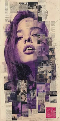 Punk Girl Collage Portrait — Midjourney v6 AI Prompt: A collage of photos and illustrations, in purple, grey, beige, and black, on top...