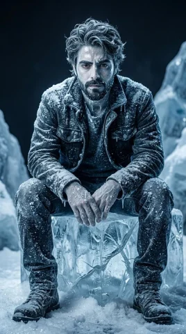 Frozen Strength in the Face of Despair — Nano Banana 2 AI Prompt: A dramatic cinematic scene of a man transformed into an ice-covered figure, sitt...