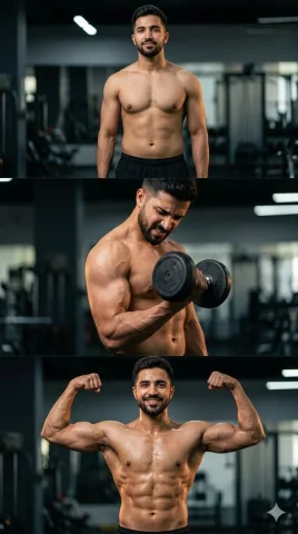 The Power of Progress: A Gym Transformation Journey — Nano Banana 2 AI Prompt: A cinematic three-panel vertical collage showing a workout transformation of a f...