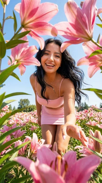 A Playful Summer Portrait Amid Pink Lilies