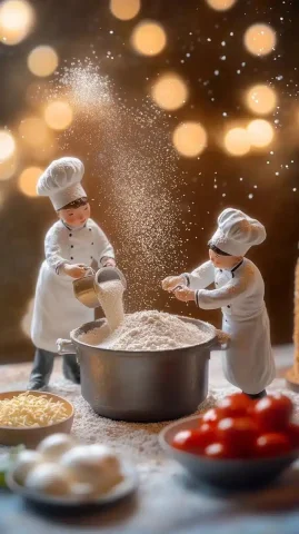 Miniature Chefs in Action — Midjourney v6 AI Prompt: Hyper-realistic food photography scene featuring two tiny, incredibly detailed c...