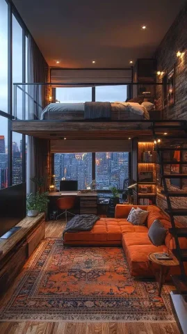 Loft Interior with City View — Midjourney v6 AI Prompt: Late at night, in a loft with warm colors and wooden furniture, there is a TV on...