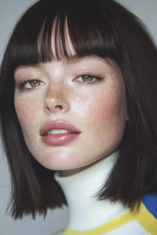 Edgy Model in Adidas — Midjourney v6 AI Prompt: A close-up photo of an edgy model with straight brown hair and bangs, wearing a...