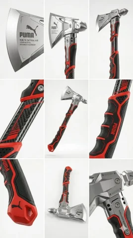Futuristic Gemini Nano Axe in Premium Brand Style — Nano Banana 2 AI Prompt: Futuristic tactical axe reimagined as premium [BRAND] sports equipment, vertical...