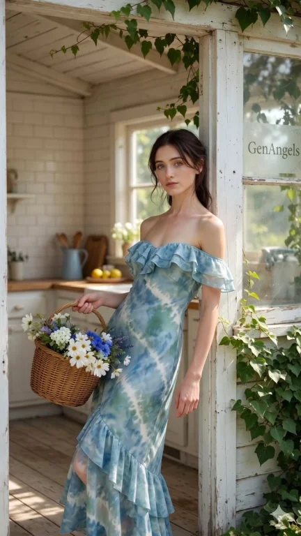 Sunlit Serenity: Natalia Dyer at a Rustic Cottage Doorway