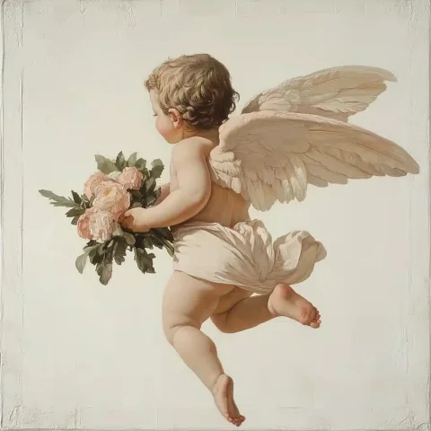 Renaissance Cherub with Flowers — Midjourney v6 AI Prompt: a painting of a cherub floating showing his back, flying to the side with soft d...