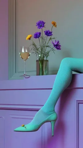 Fashion Model with Flowers — Midjourney v6 AI Prompt: A model's legs with socks and shoes, flowers emerging from the soles of her feet...