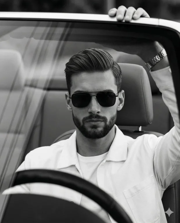 Monochrome Elegance: Cinematic Portrait of a Confident Young Man in Car