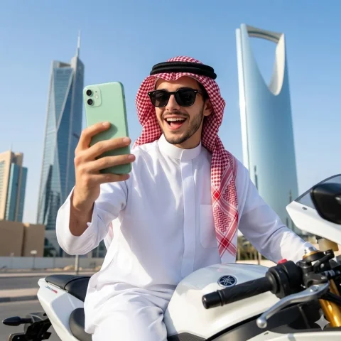 Modern Elegance: Saudi Man in Thobe on Luxury Motorcycle — Nano Banana 2 AI Prompt: A stylish young saudi man in white thobe and red-checkered shemagh, holding a pa...