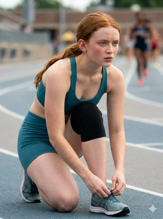 Focused Runner Preparing on the Track at Dawn