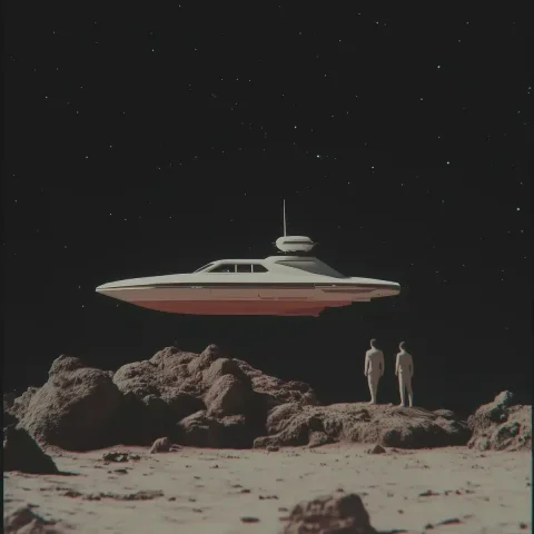Vintage Sci-Fi Boat in Space — Midjourney v6 AI Prompt: a boat crossing small rocks in space there's a couple in front of the boat, blac...