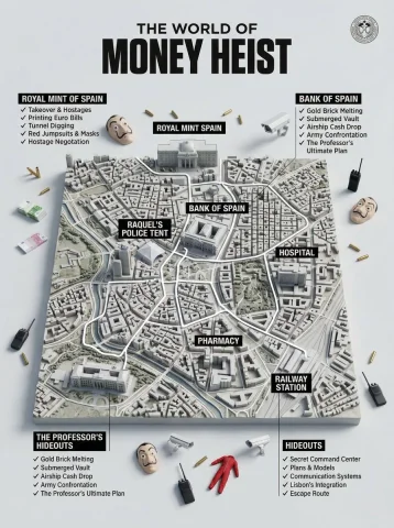 Money Heist Terrain: A Hyper-Realistic 3D Guide Map — Nano Banana 2 AI Prompt: Hyper-realistic 3D world guide infographic poster for Money Heist. The fictional...