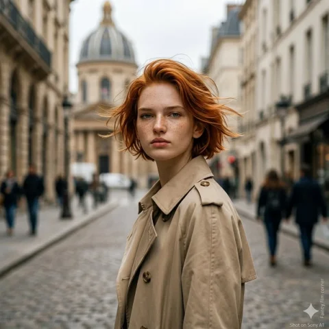 Wind-Swept Elegance on a Timeless European Street — Nano Banana 2 AI Prompt: Fashion editorial portrait of a woman in a trench coat on a classic European str...