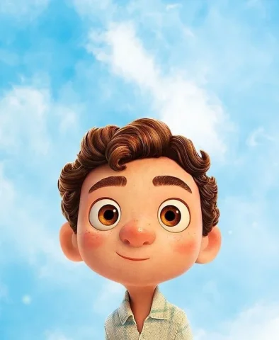 Luca's Upward Gaze Beneath a Vast Blue Sky — Nano Banana 2 AI Prompt: A vertical, high-angle cartoon illustration of Luca Paguro from the movie Luca,...