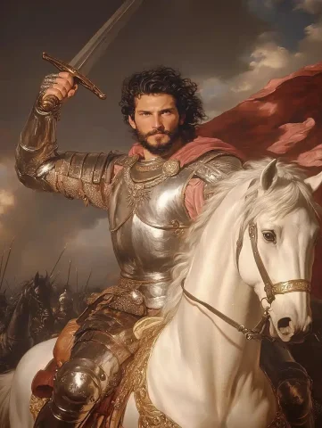 Renaissance Gladiator on Stallion — Midjourney v6 AI Prompt: a very beautiful 17th century renaissance painting of a very handsome raven hair...