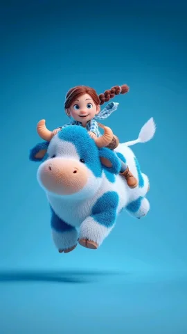 Joyful Girl Riding Plush Blue-Spotted Cow in 3D Animation — Nano Banana 2 AI Prompt: A high-quality 3D animation style render of a joyful young girl with a long brow...