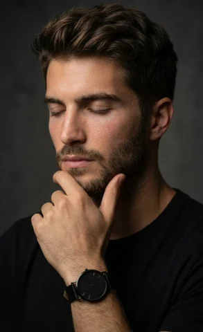 Contemplative Portrait in Dramatic Cinematic Light — Nano Banana 2 AI Prompt: Hyper-realistic studio portrait of a thoughtful young man with eyes closed, hand...