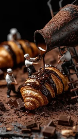 Miniature Bakers Decorating Croissant — Midjourney v6 AI Prompt: A group of tiny bakers decorating a freshly baked croissant with chocolate. One...