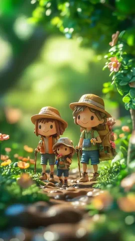 3D Cartoon Family Hiking — Midjourney v6 AI Prompt: In the miniature world, a family goes hiking in the spring season. Cartoon chara...