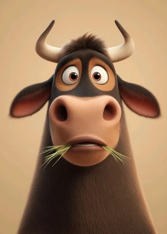 Nervous Brown Bull in Stylized 3D Animation Portrait — Nano Banana 2 AI Prompt: A detailed, central, front-facing 3D character portrait of a male brown bull, re...