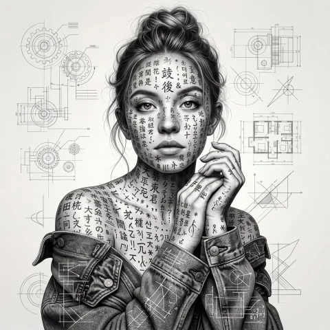 Inkbound Identity: A Surreal Portrait of Scripted Skin — Nano Banana 2 AI Prompt: A surreal black-and-white portrait of a young woman with her hair tied in a mess...