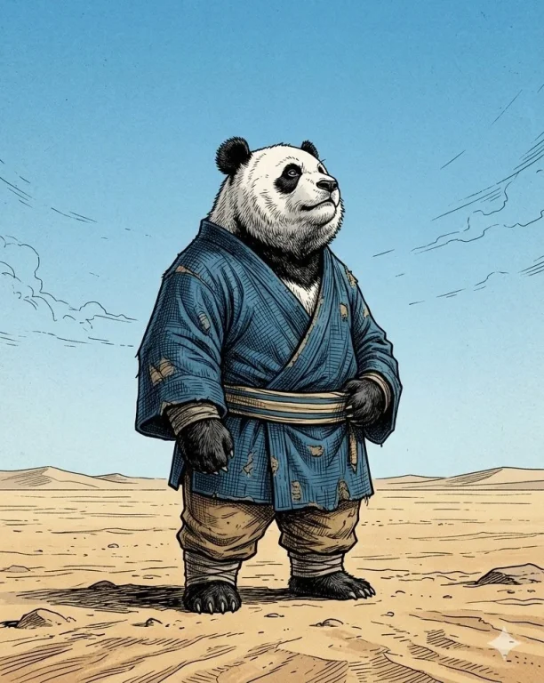 Contemplative Panda in Blue Kimono on Desert Horizon