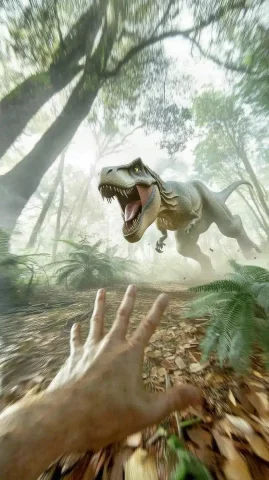 Photorealistic T-Rex Chase — Midjourney v6 AI Prompt: First-person view of a frantic escape through a dense prehistoric jungle. Hands...