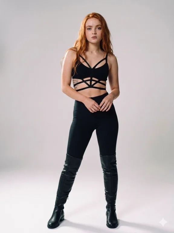 Striking Confidence: Red-Haired Model in Bold Black Ensemble