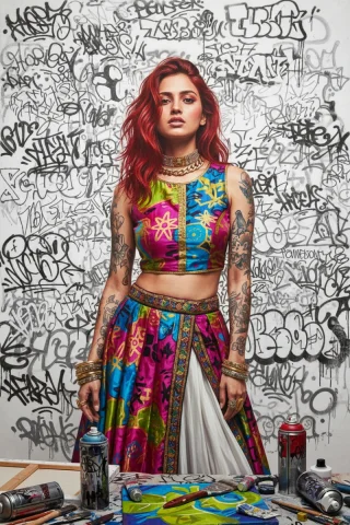 Graffiti Style, Silk Painting Aesthetic On Silk-Covered Canvas, P — Nano Banana Pro AI Prompt: graffiti style, silk painting aesthetic on silk-covered canvas, portrait of a wo...