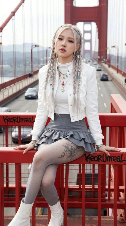 Urban Elegance: Platinum Braids and Bold Graffiti on a City Bridge