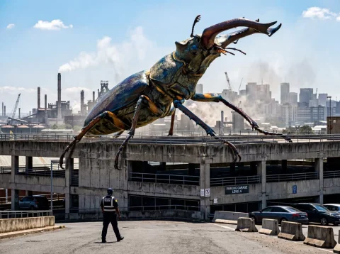 Colossal Creature Looms Over Urban Skyline with Surreal Biological Detail — Nano Banana 2 AI Prompt: A [GIANT CREATURE] perched on top of a [URBAN STRUCTURE], [BIOLOGICAL DETAIL] vi...