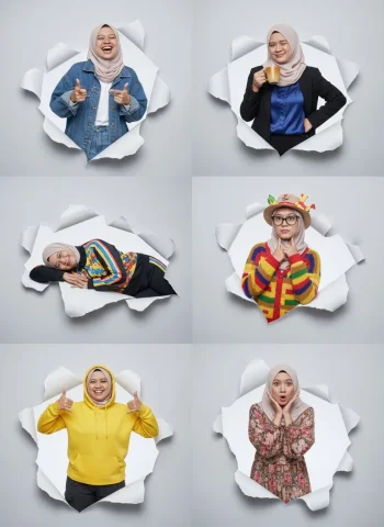 Kolase Foto Hyper-Realistic Bergaya Studio Menampilkan Seorang Wa — Nano Banana Pro AI Prompt: Kolase foto hyper-realistic bergaya studio menampilkan seorang wanita hijab dari...