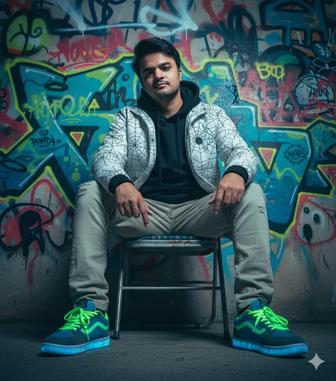 Create An Image Of A Street-Style Portrait Of A Young Man Sitting