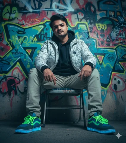 Create An Image Of A Street-Style Portrait Of A Young Man Sitting — Nano Banana Pro AI Prompt: create an image of a Street-style portrait of a young man sitting on a chair in...